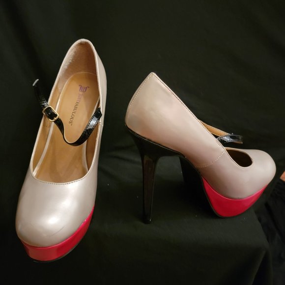 Just Fab Champagne with Red Platform Black Heel 5 inch - Size 9 - Picture 1 of 1